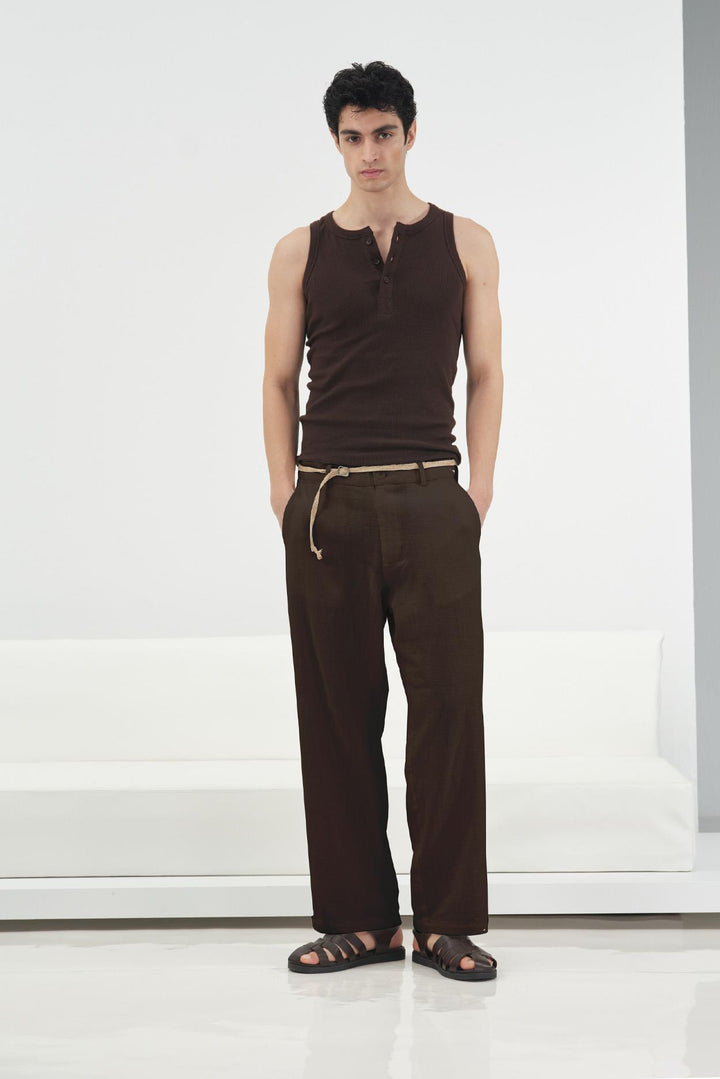 Giesto Pantalon en lin marron avec ceinture en osier - Marron