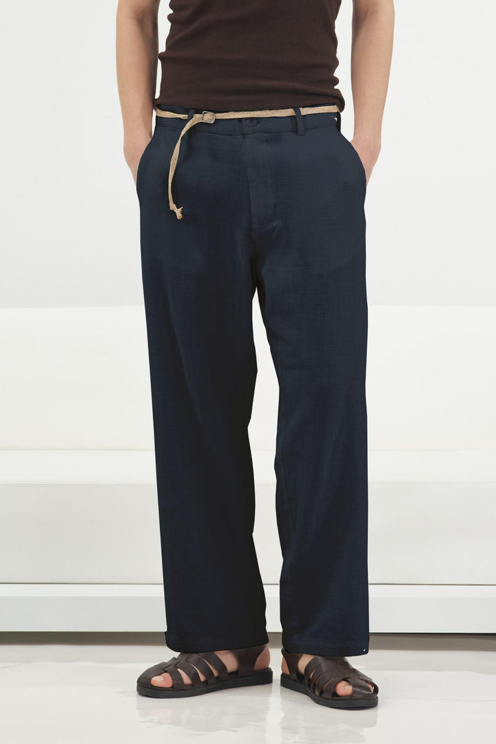 Giesto Pantalon en lin bleu marine avec ceinture en osier - Bleu marine