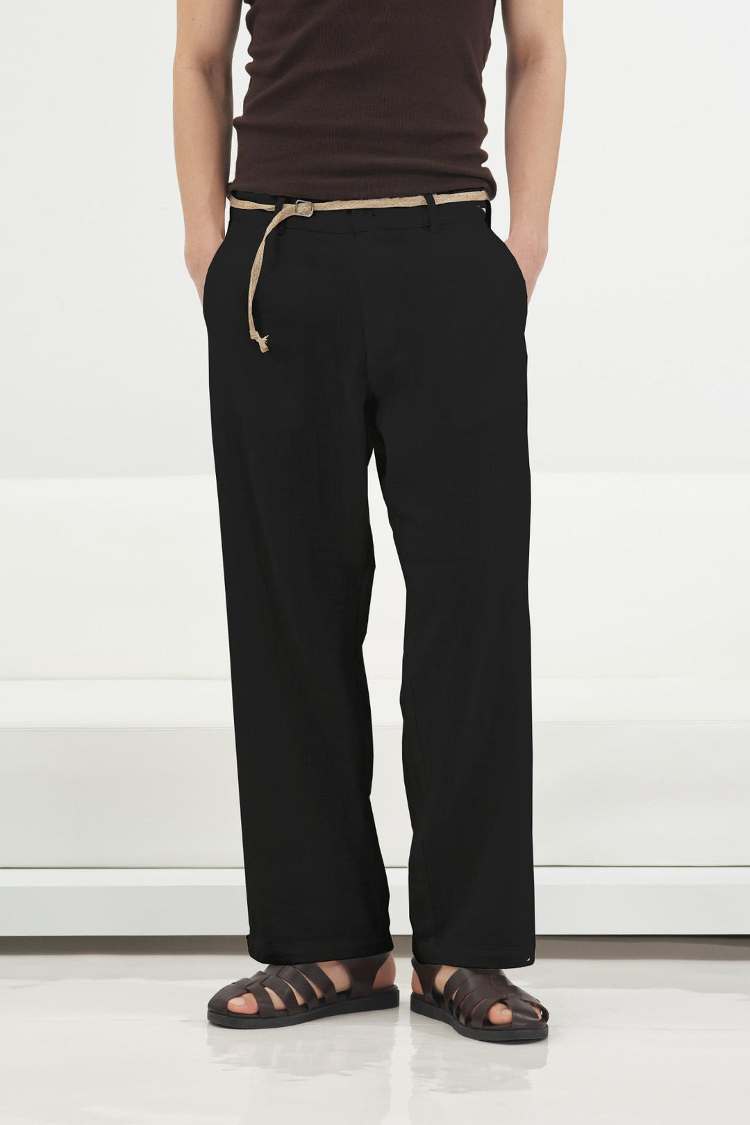 Giesto Pantalon en lin noir avec ceinture en osier - Noir