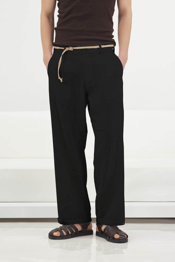 Giesto Pantalon en lin noir avec ceinture en osier - Noir
