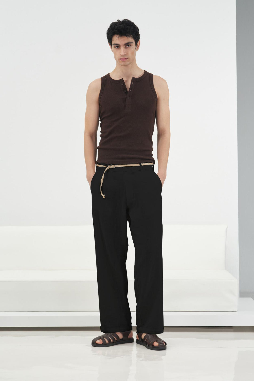 Giesto Pantalon en lin noir avec ceinture en osier - Noir