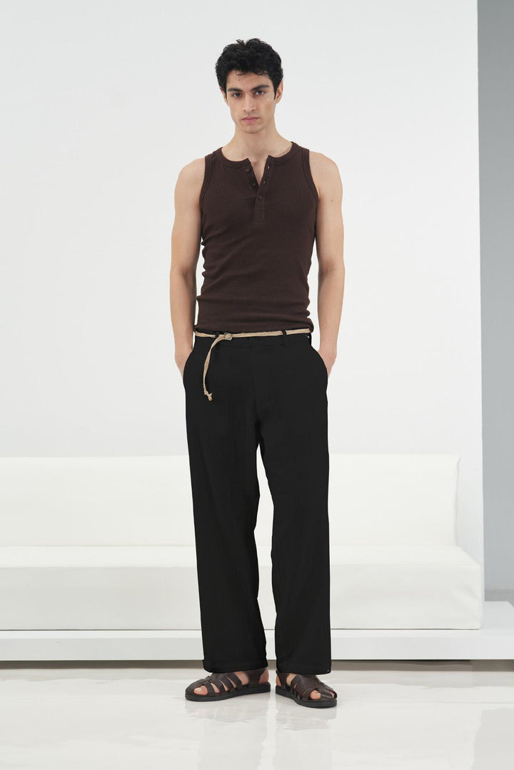 Giesto Pantalon en lin noir avec ceinture en osier - Noir