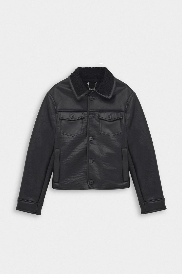 Giesto Veste en cuir avec doublure en fourrure à coupe courte - Noir