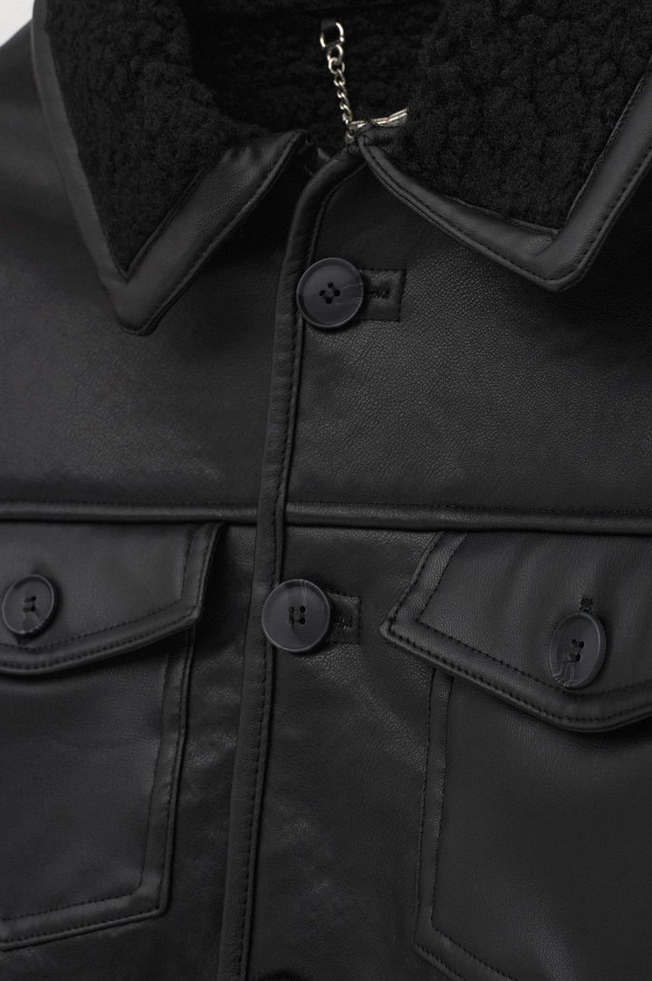 Giesto Veste en cuir avec doublure en fourrure à coupe courte - Noir