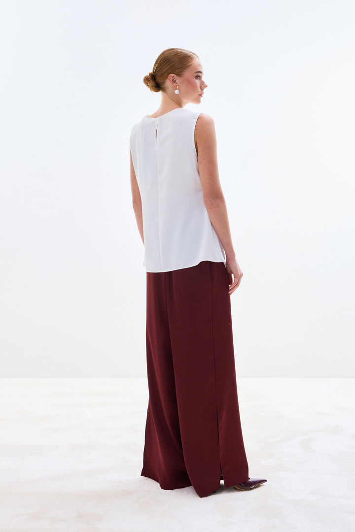 Sateen Blouse Degaje Avec Broche Perle - Écru
