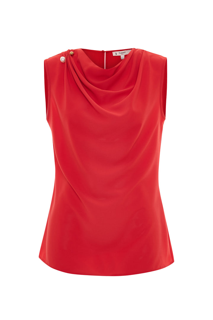 Sateen Blouse Degaje Avec Broche Perle - Rouge