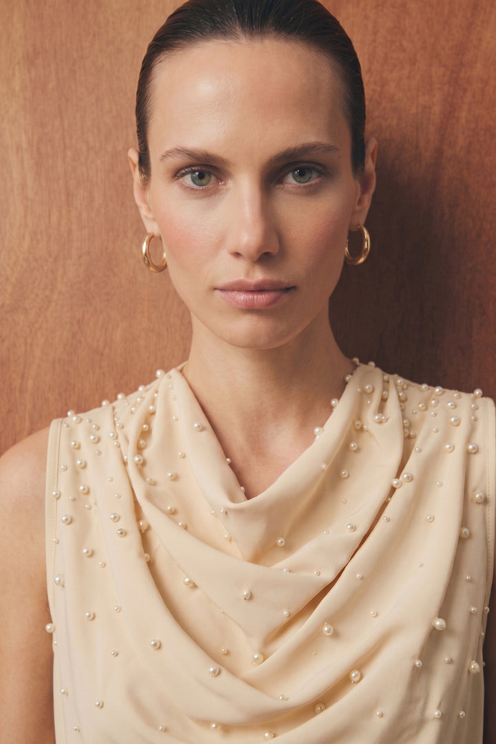 Sateen Blouse à Détails de Perles - Beige