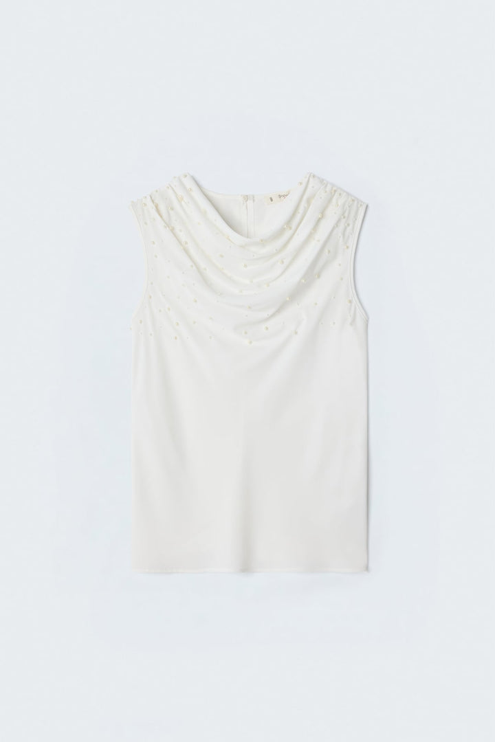 Sateen Blouse à Détails de Perles - Écru