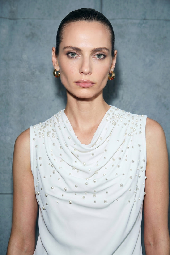 Sateen Blouse à Détails de Perles - Écru