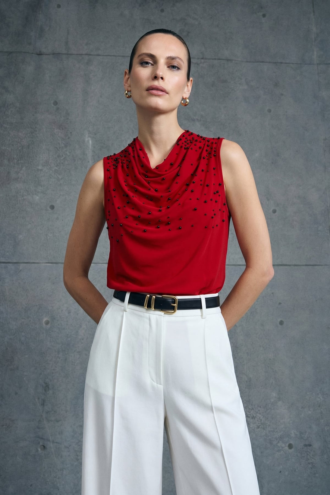 Sateen Blouse à Détails de Perles - Rouge