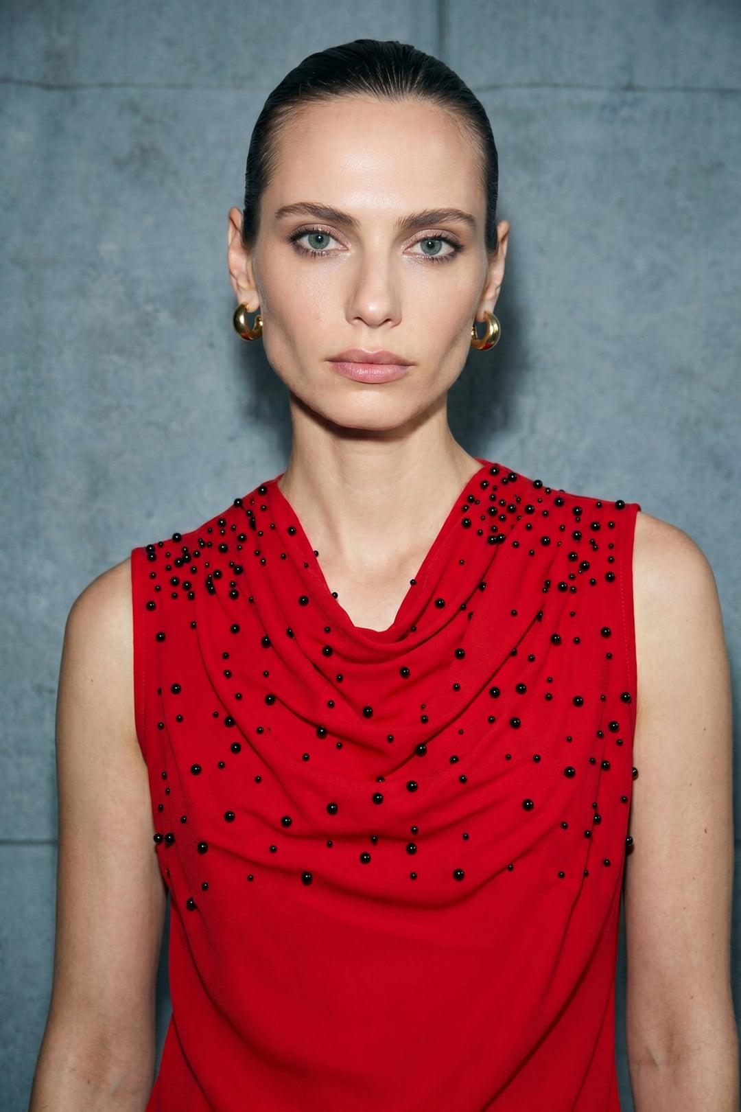 Sateen Blouse à Détails de Perles - Rouge