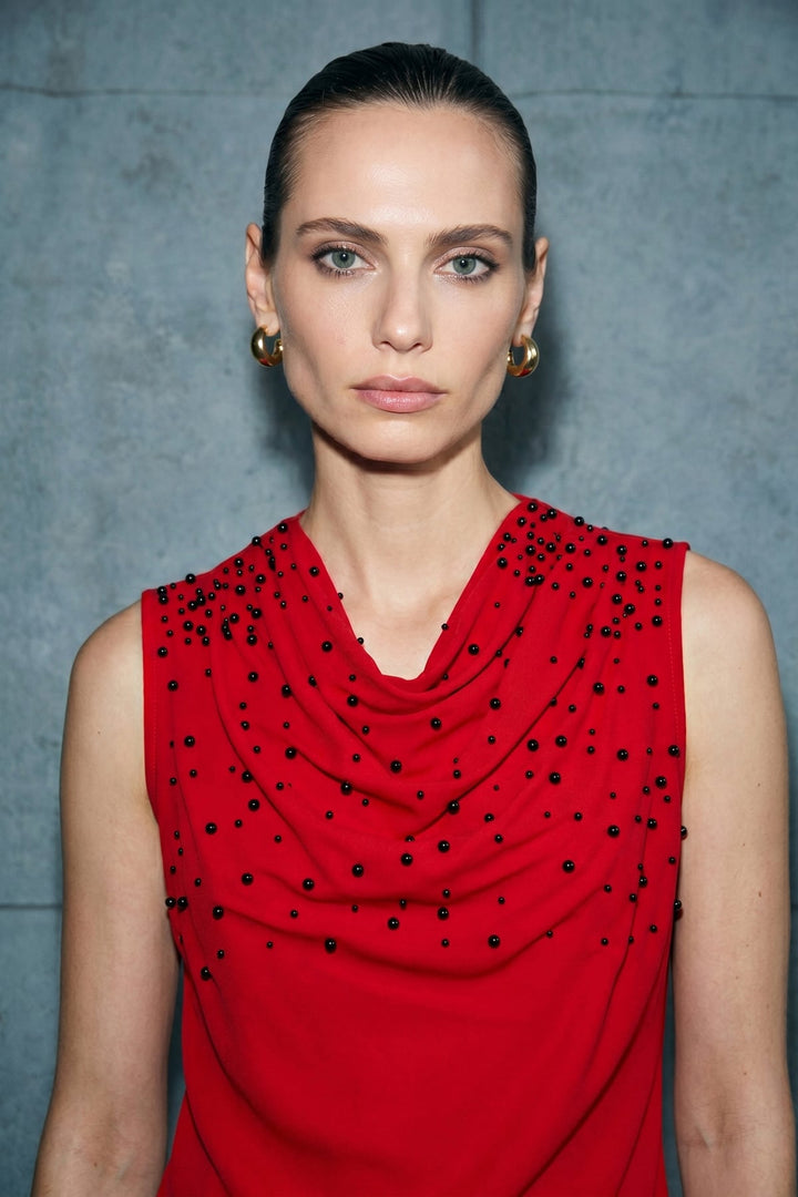 Sateen Blouse à Détails de Perles - Rouge