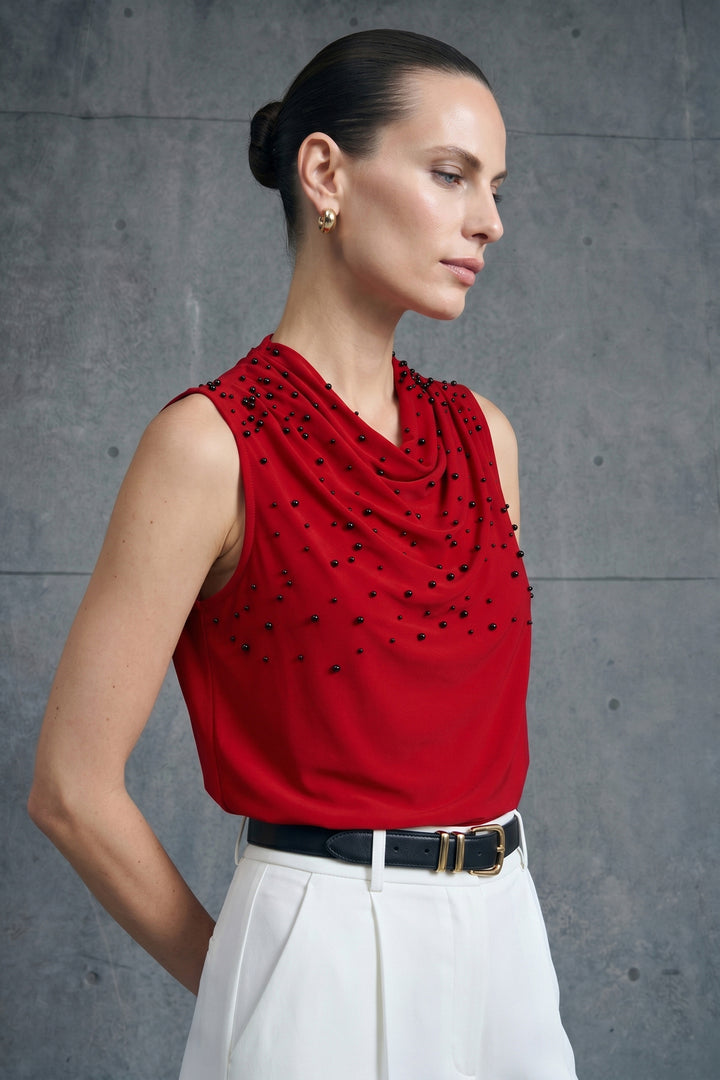 Sateen Blouse à Détails de Perles - Rouge