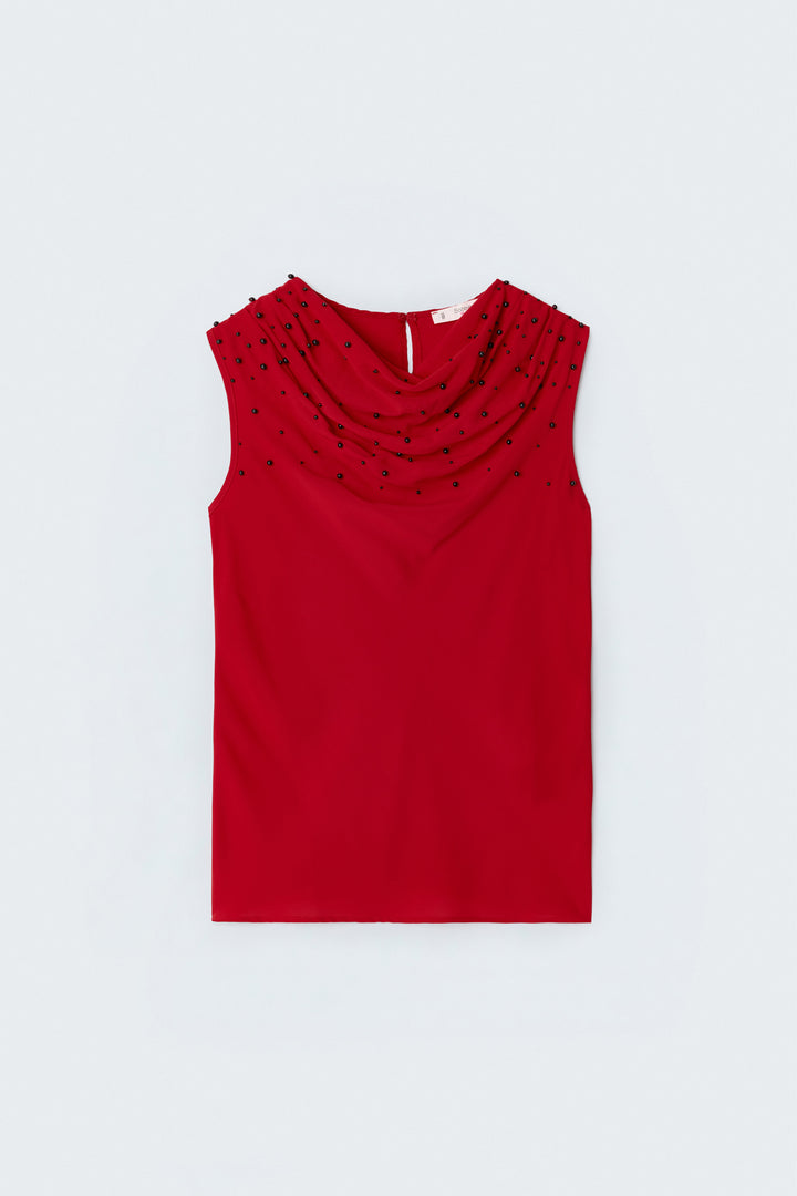 Sateen Blouse à Détails de Perles - Rouge