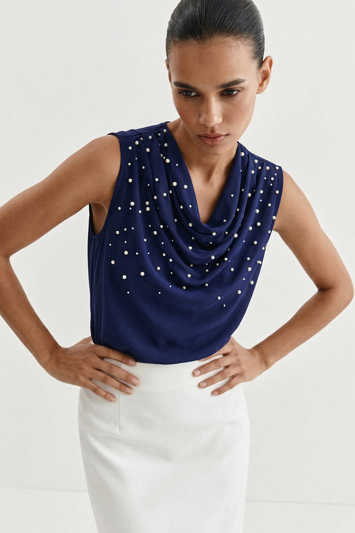 Sateen Blouse à Détails de Perles - Bleu marine