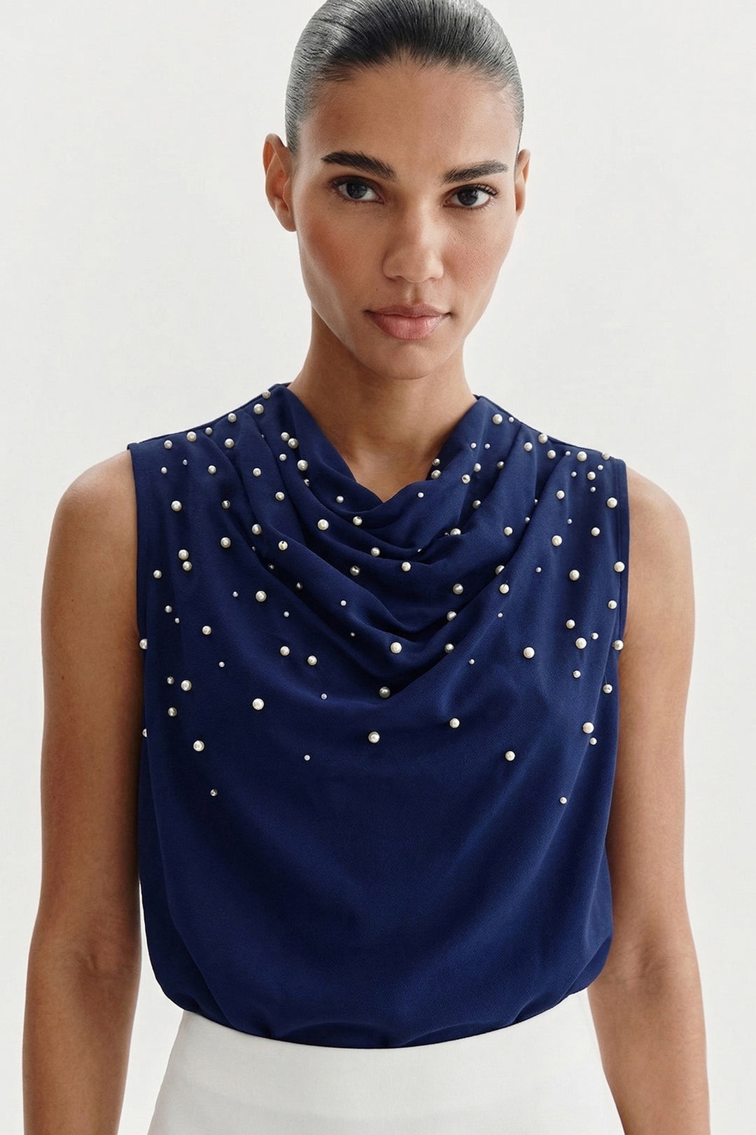 Sateen Blouse à Détails de Perles - Bleu marine