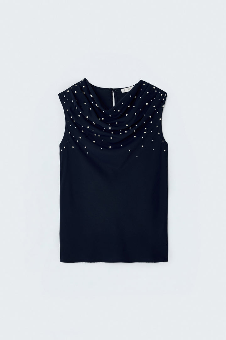 Sateen Blouse à Détails de Perles - Bleu marine
