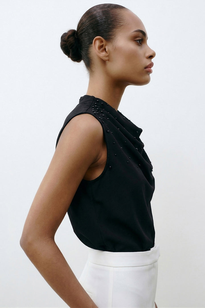 Sateen Blouse à Détails de Perles - Noir