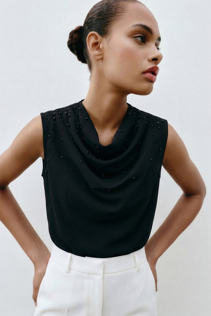Sateen Blouse à Détails de Perles - Noir
