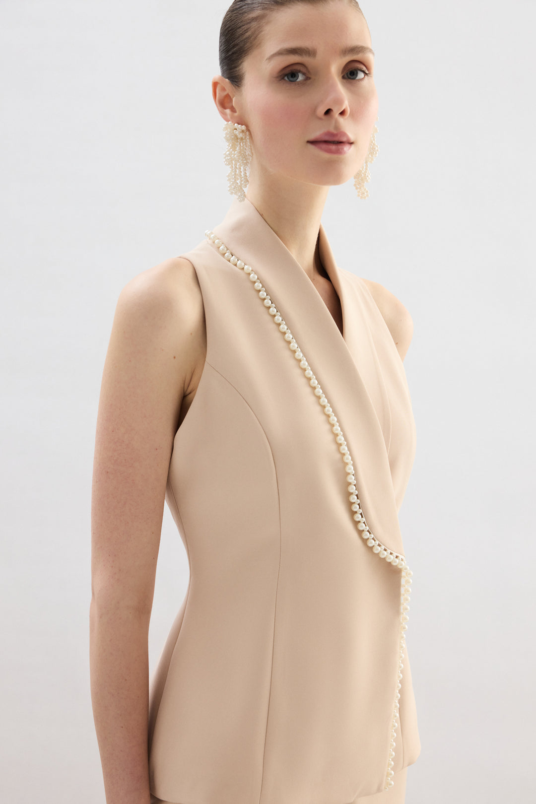 Sateen Gilet Détail Perle - Beige
