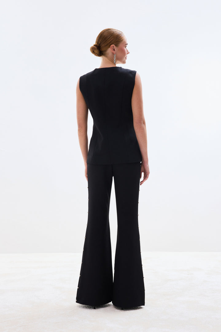 Sateen Gilet Croisé Avec Perles - Noir