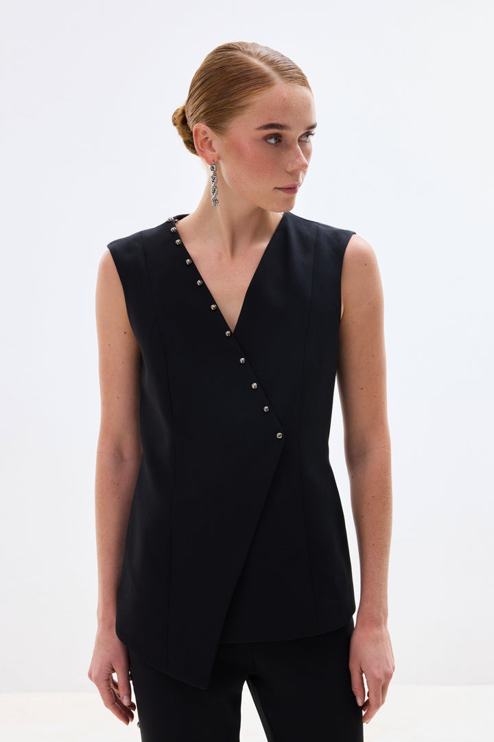 Sateen Gilet Croisé Avec Perles - Noir