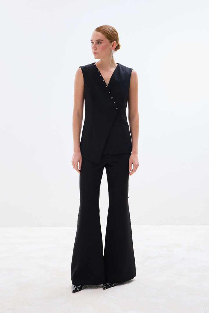 Sateen Gilet Croisé Avec Perles - Noir