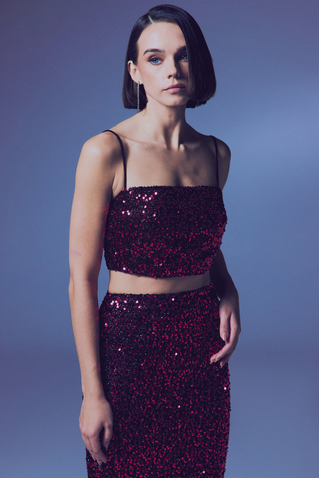 Sateen Crop Top Pailleté à Bretelles - Bordeaux