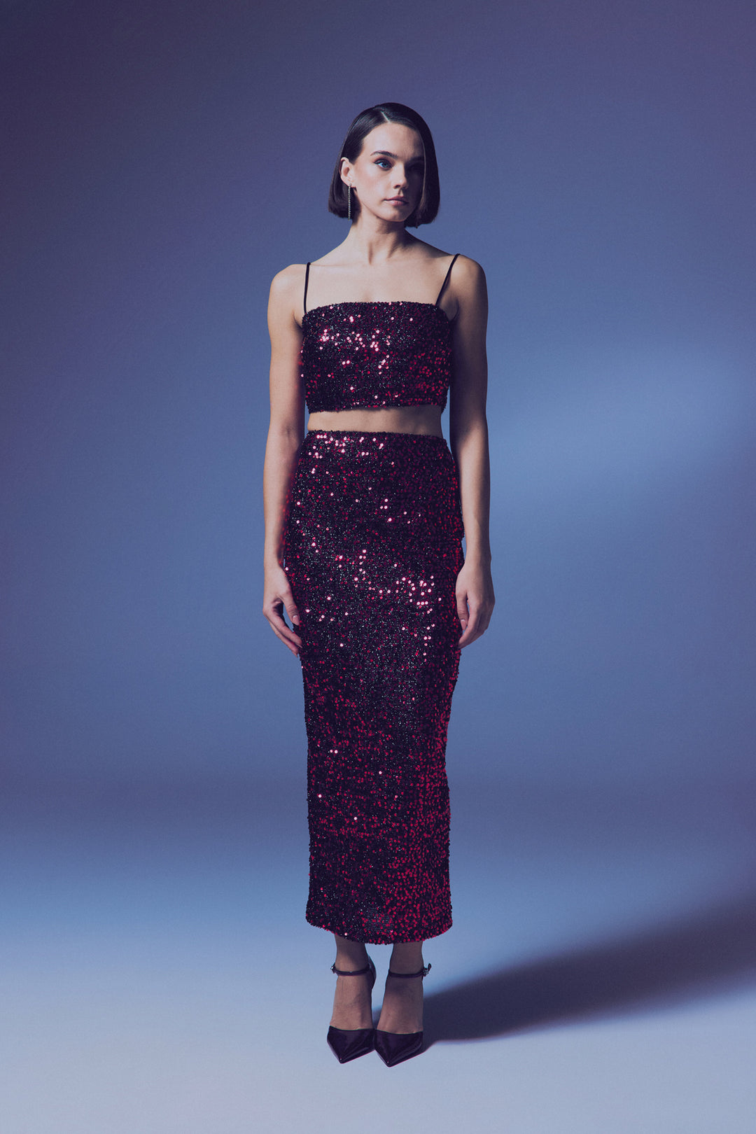 Sateen Crop Top Pailleté à Bretelles - Bordeaux