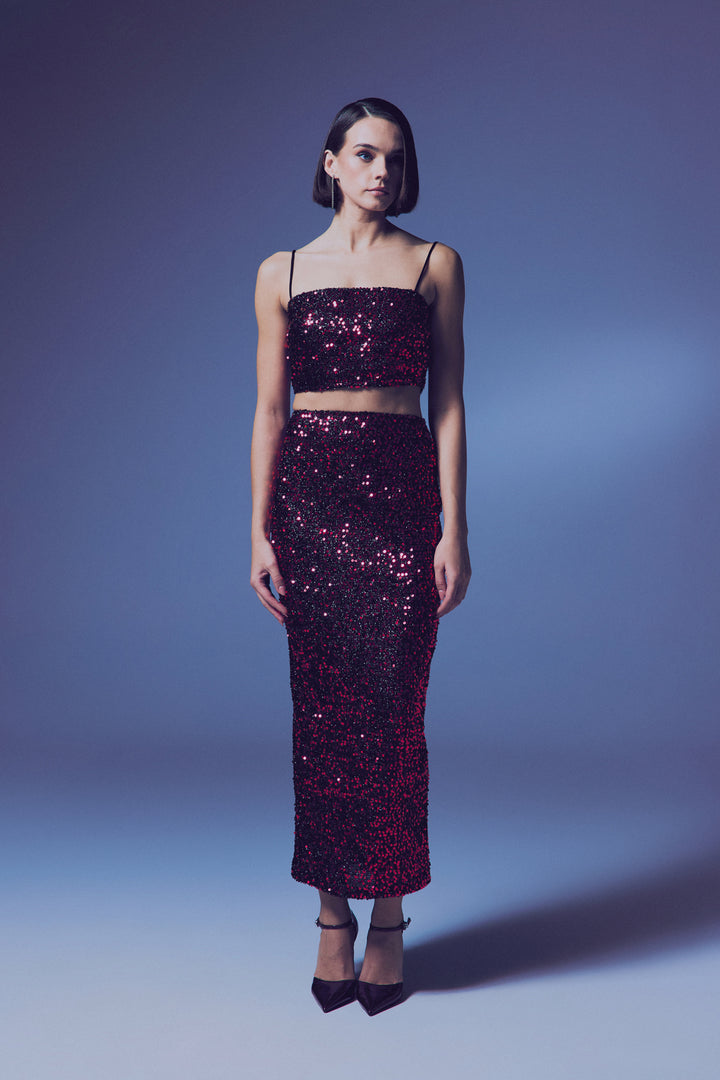Sateen Crop Top Pailleté à Bretelles - Bordeaux