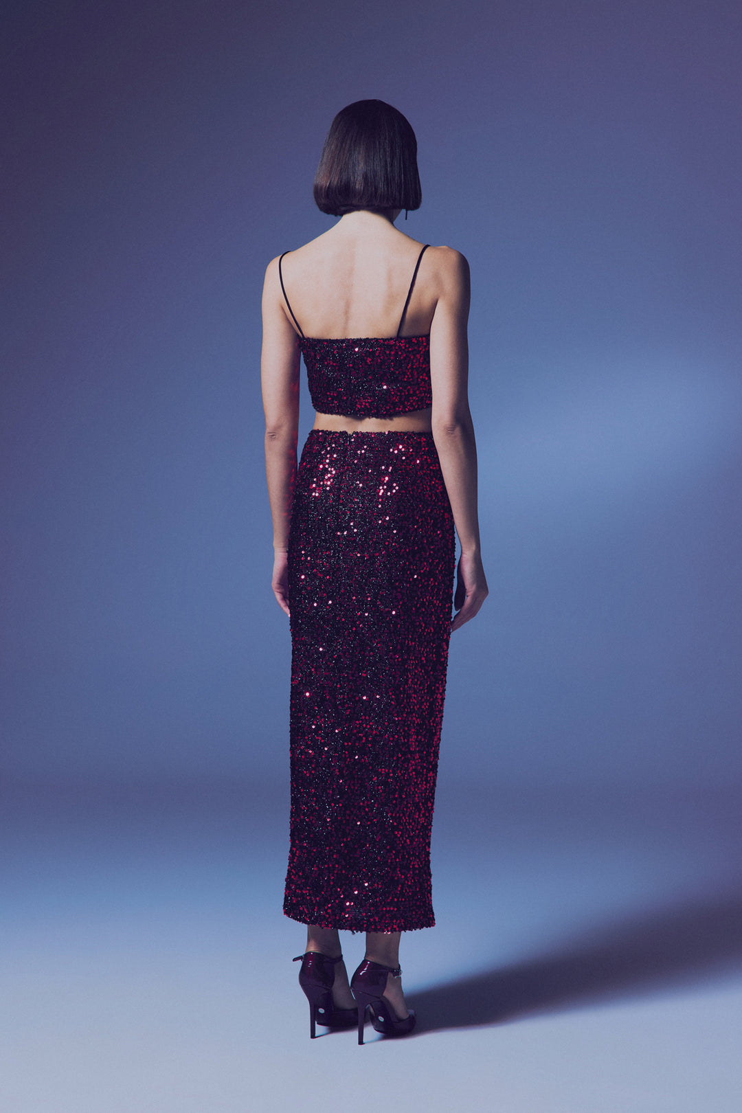 Sateen Crop Top Pailleté à Bretelles - Bordeaux