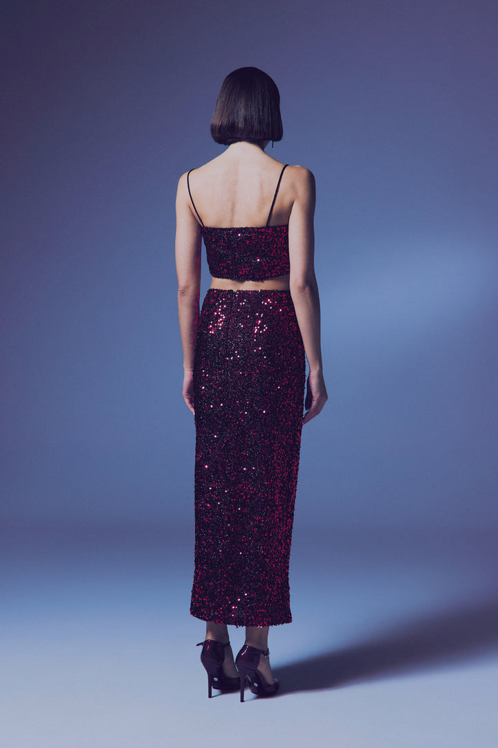 Sateen Crop Top Pailleté à Bretelles - Bordeaux