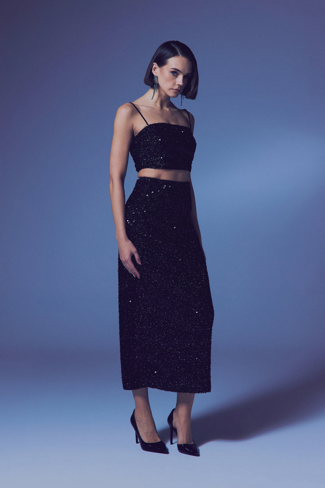 Sateen Crop Top Pailleté à Bretelles - Noir