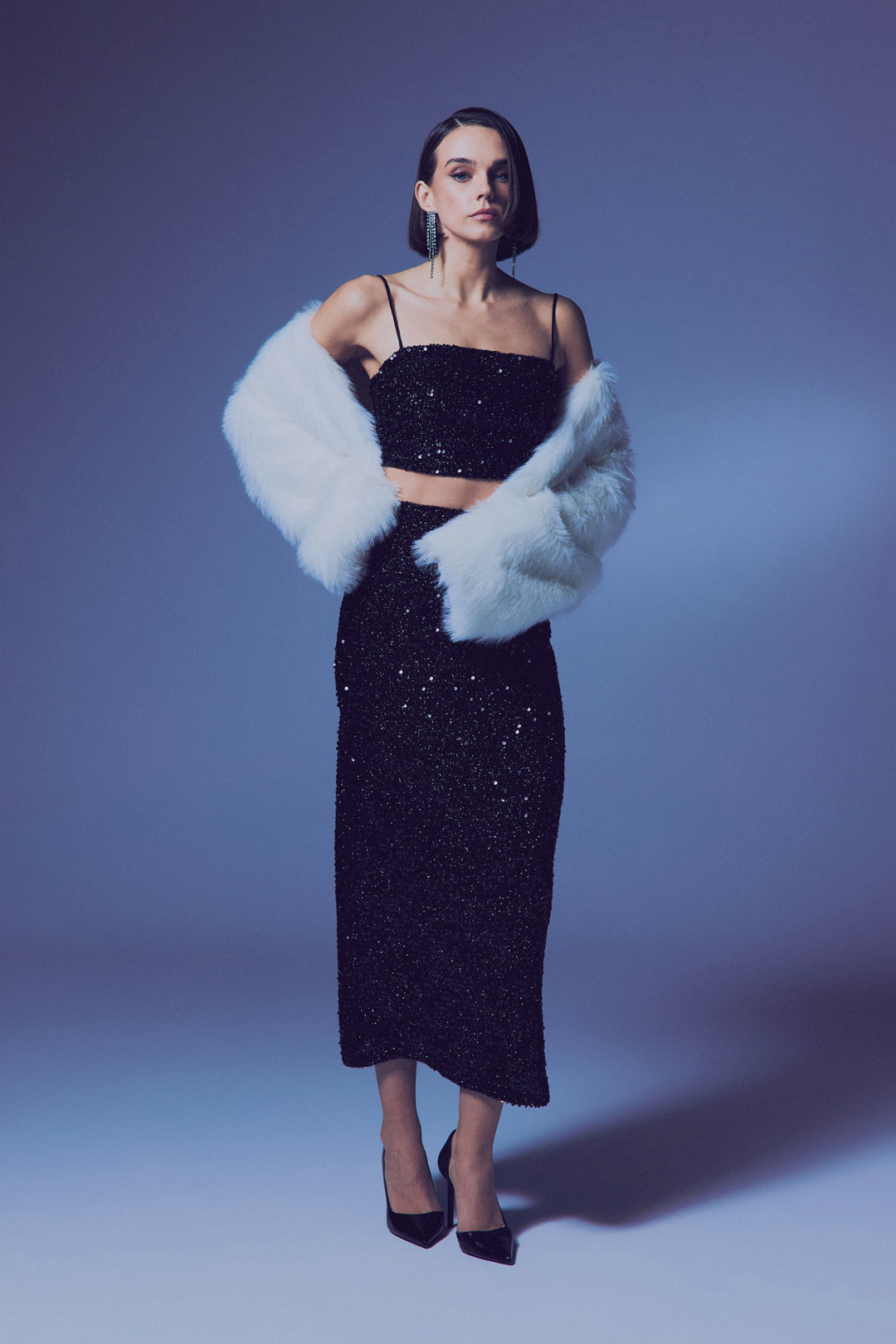 Sateen Crop Top Pailleté à Bretelles - Noir