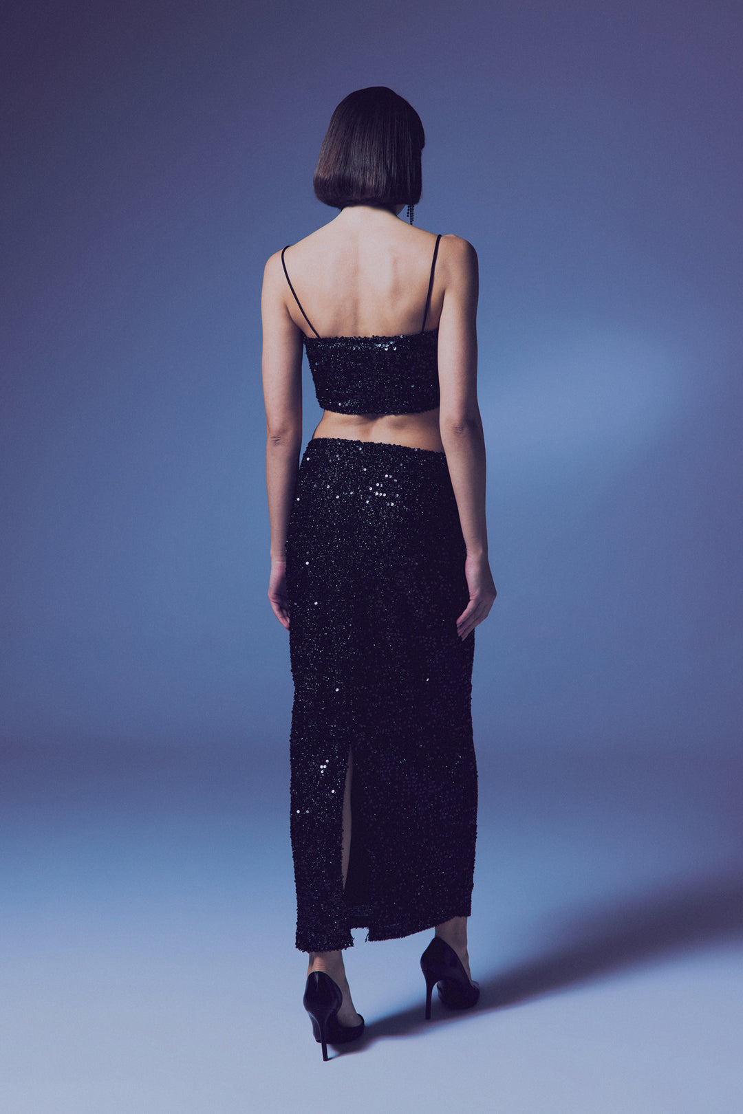 Sateen Crop Top Pailleté à Bretelles - Noir