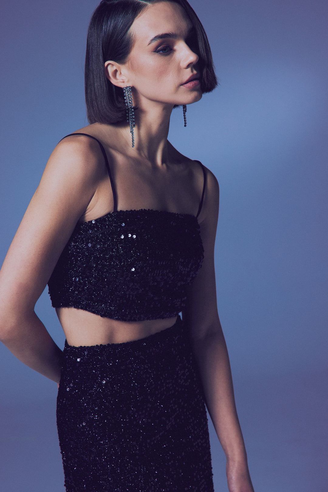 Sateen Crop Top Pailleté à Bretelles - Noir
