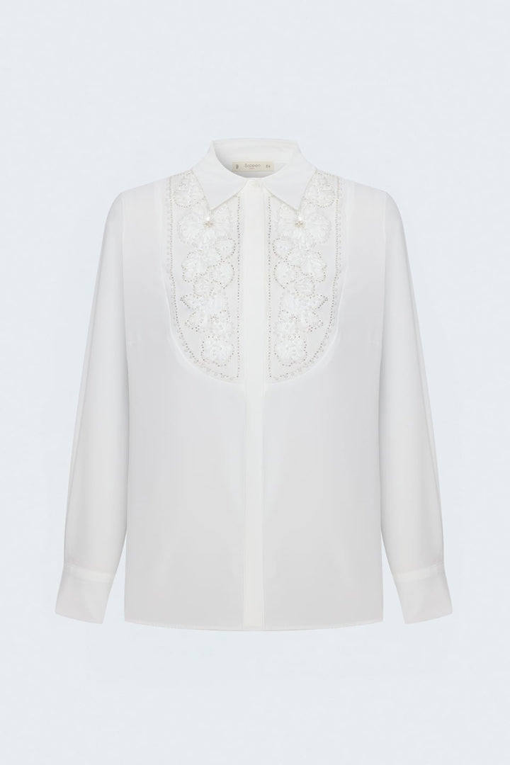Sateen Chemise classique avec détail de broderie - Écru