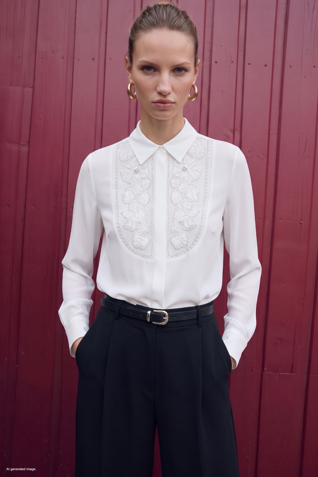 Sateen Chemise classique avec détail de broderie - Écru