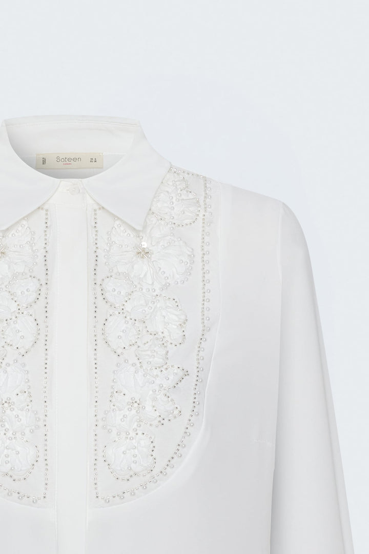 Sateen Chemise classique avec détail de broderie - Écru