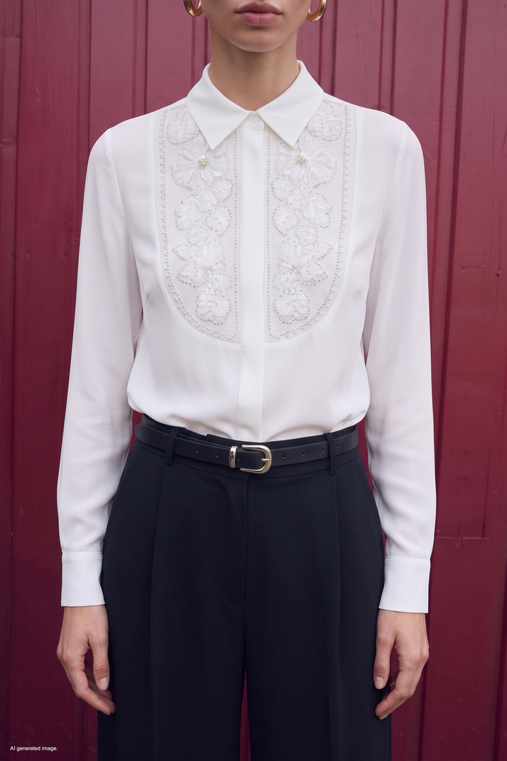 Sateen Chemise classique avec détail de broderie - Écru