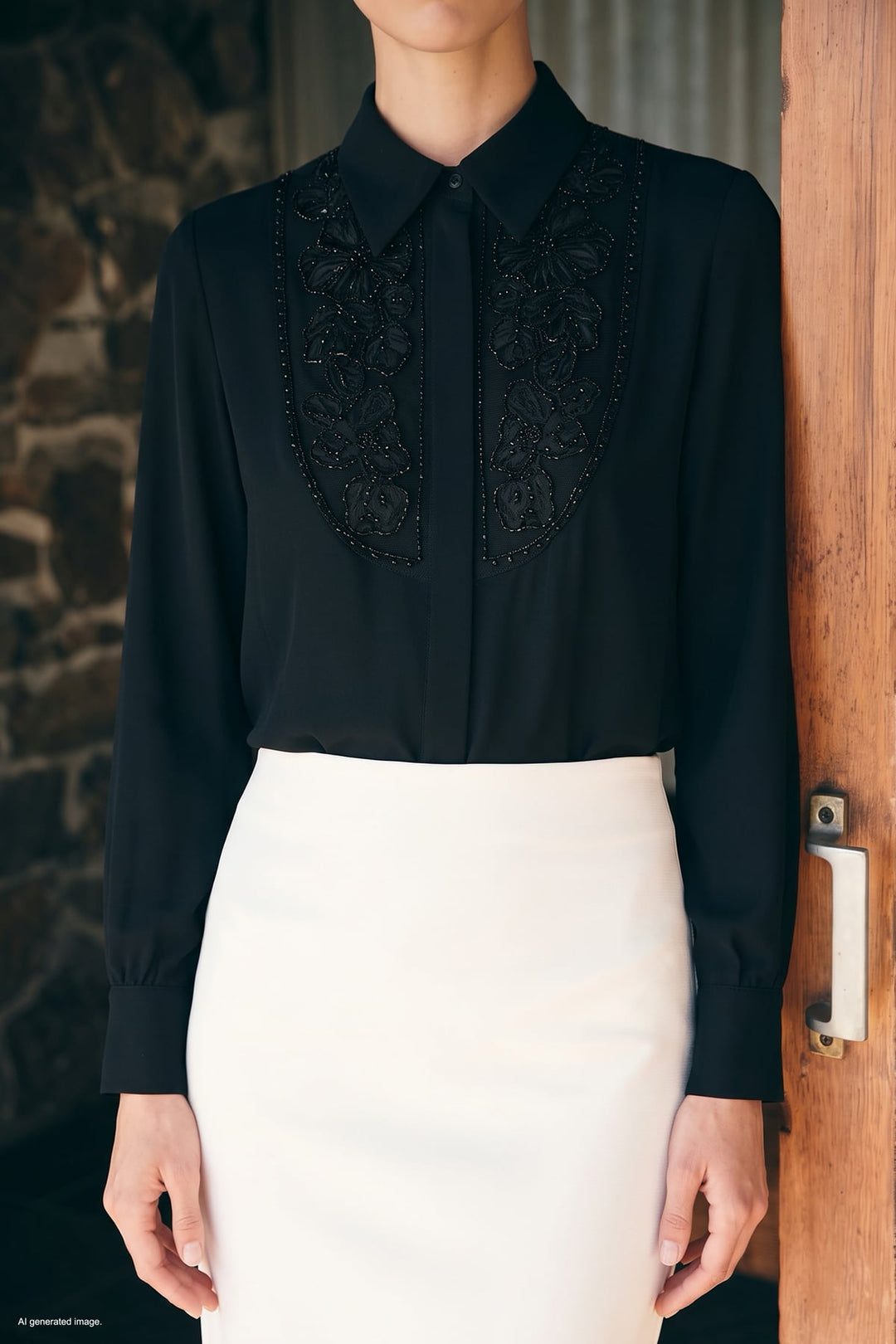Sateen Chemise classique avec détail de broderie - Noir