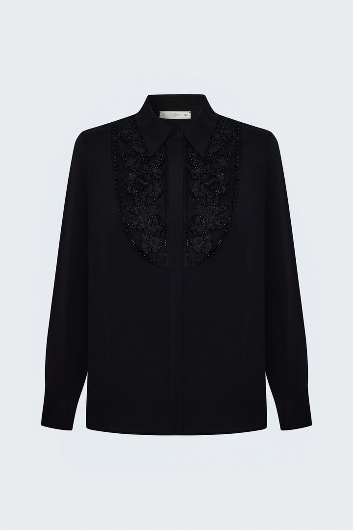 Sateen Chemise classique avec détail de broderie - Noir