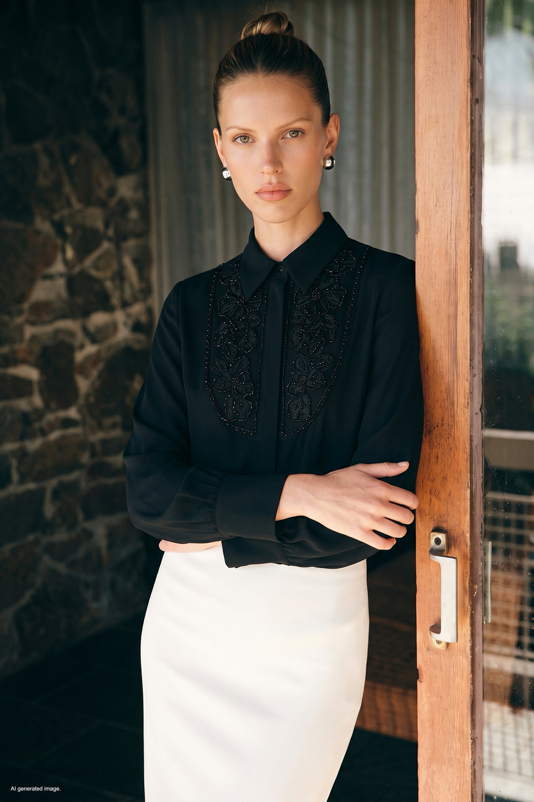 Sateen Chemise classique avec détail de broderie - Noir