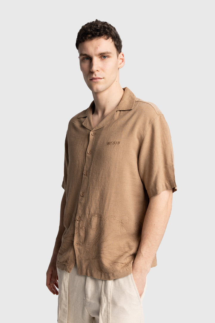 Giesto Chemise en lin brodée - Tabac