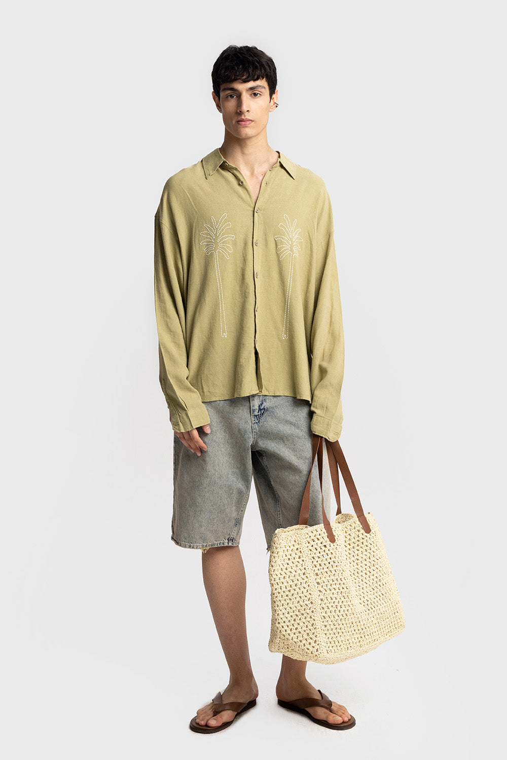 Giesto Chemise en lin brodée - Kaki