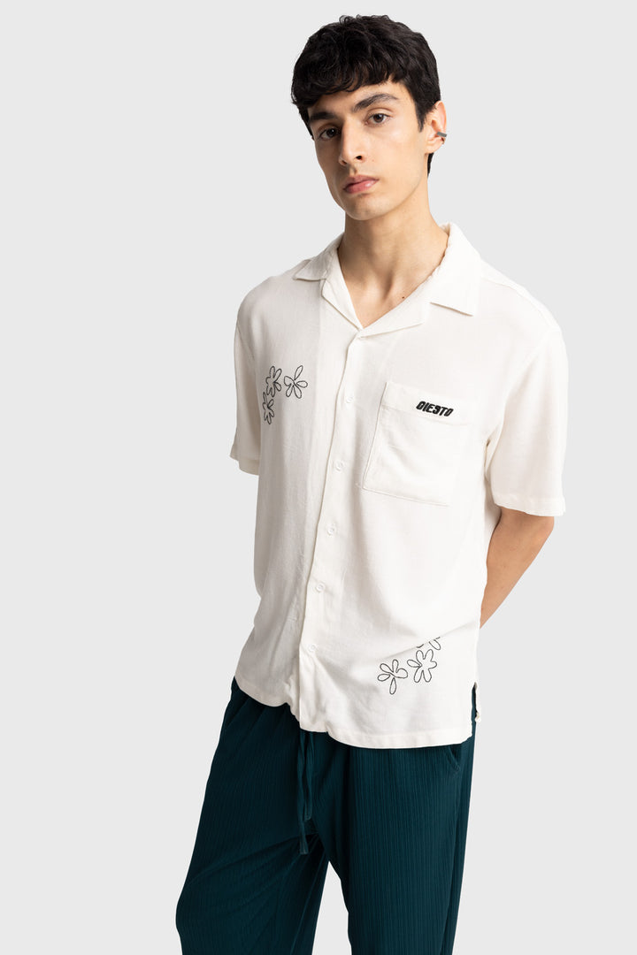 Giesto Chemise en lin à manches courtes brodée - Blanc