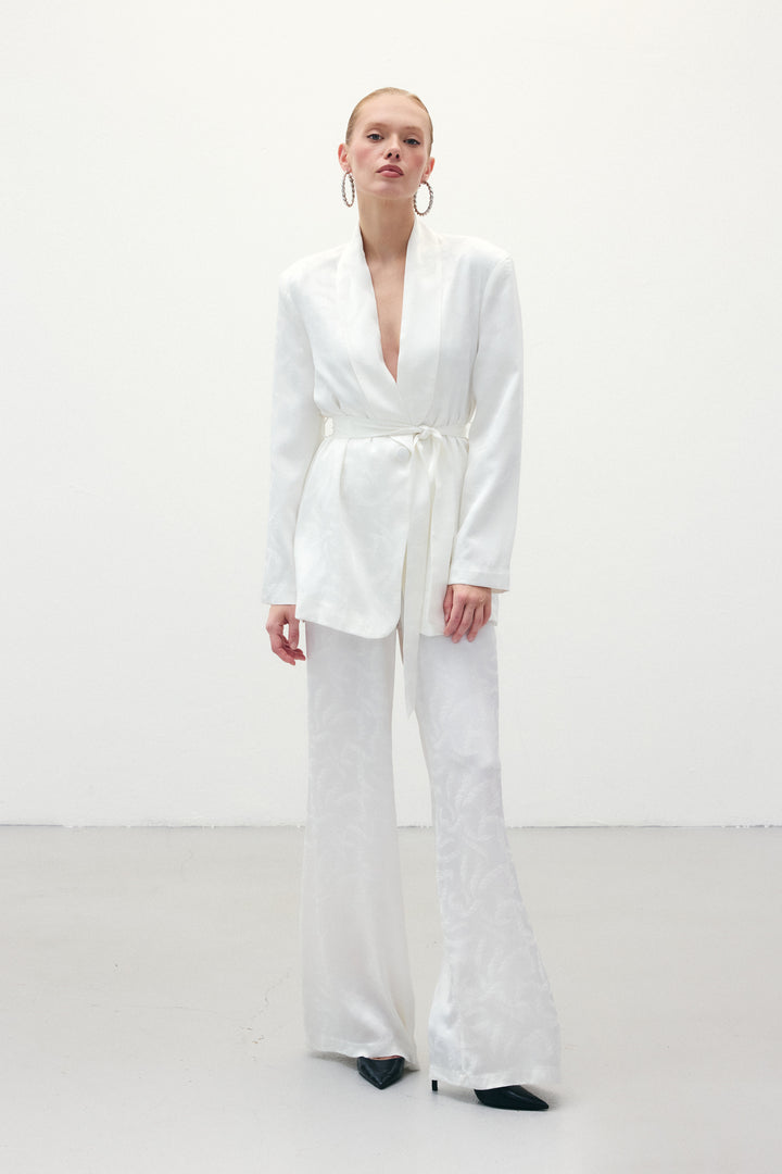 Sateen Pantalon en satin jacquard - Écru
