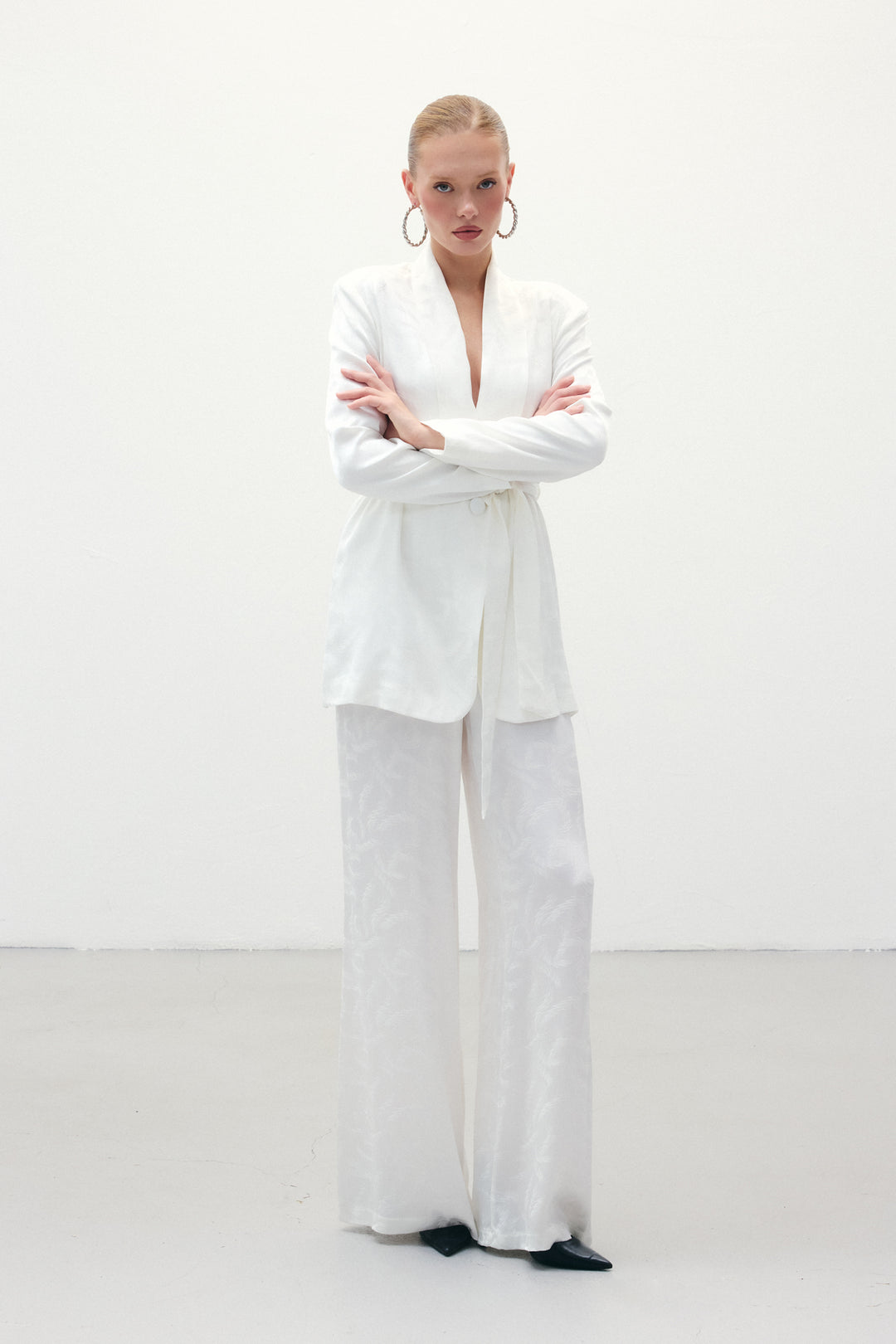 Sateen Pantalon en satin jacquard - Écru