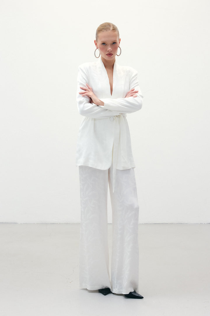 Sateen Pantalon en satin jacquard - Écru