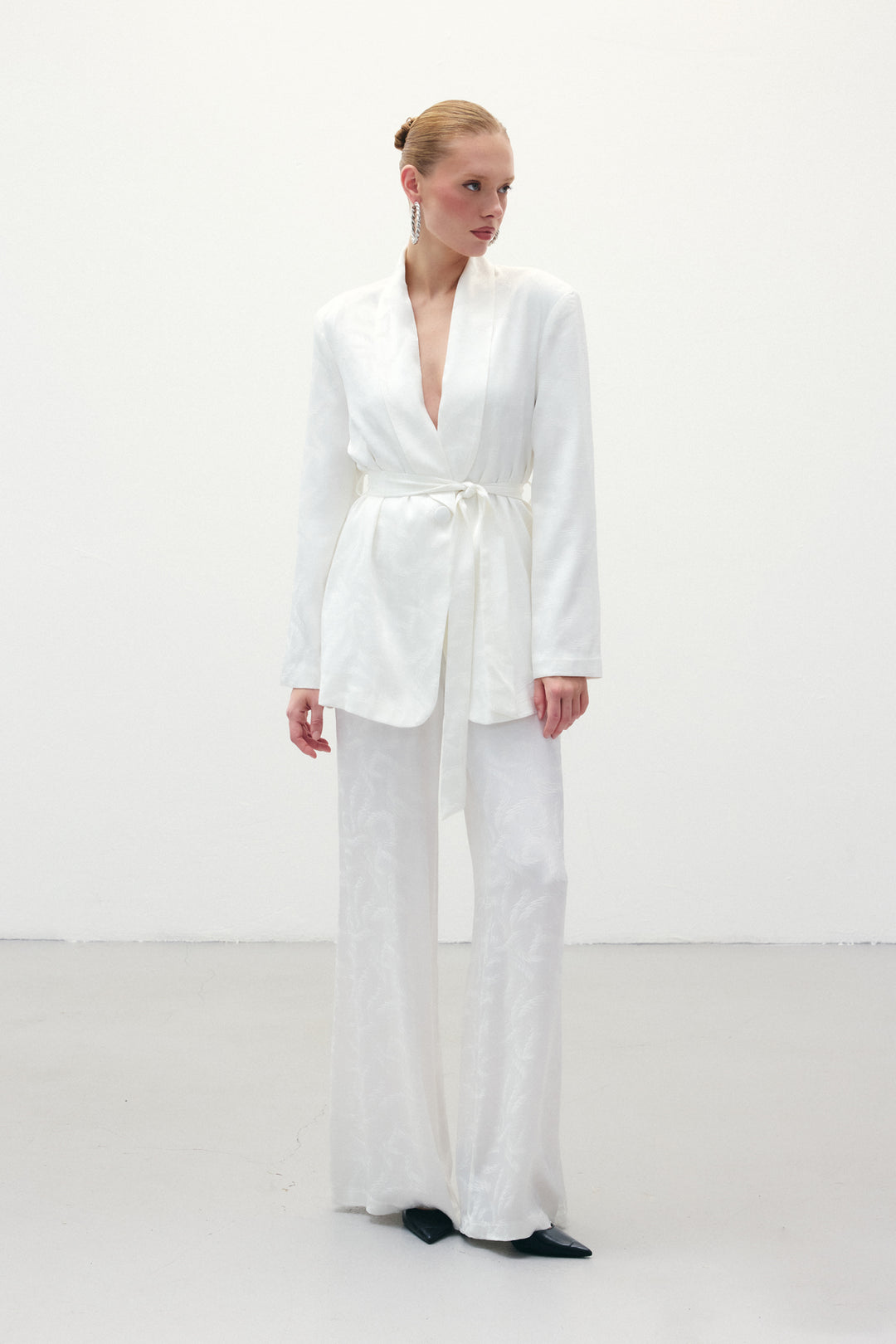 Sateen Pantalon en satin jacquard - Écru